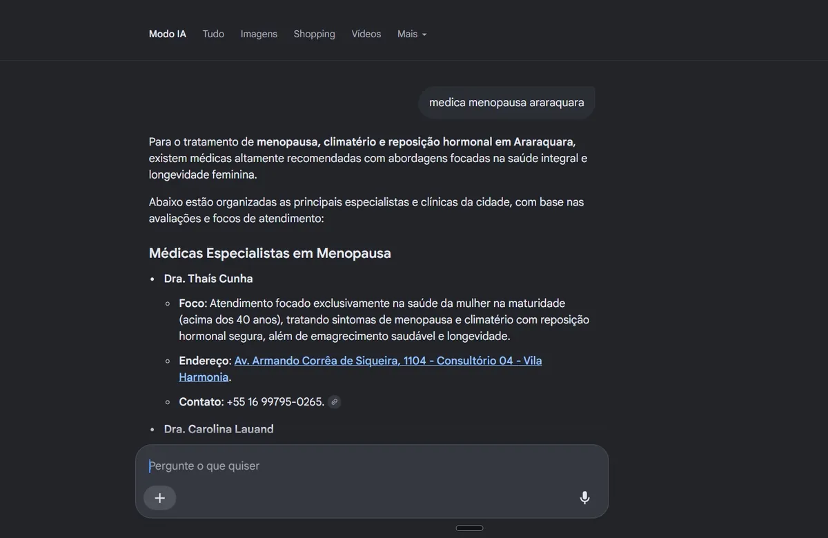 Modo IA do Google listando a Dra. Thaís Cunha como primeiro nome na busca por médica menopausa Araraquara
